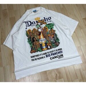 Vintage 90s Poncho Extra Long / Cancun Mexico Graphic T-Shirt / White / Size XXL